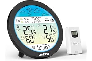 Raddy DT7 Stazione Meteo Senza fili con Sensore Esterno, Stazione meteorologica con ampio display a colori HTN, orologio DCF, doppi allarmi, previsioni meteo, avviso gelo