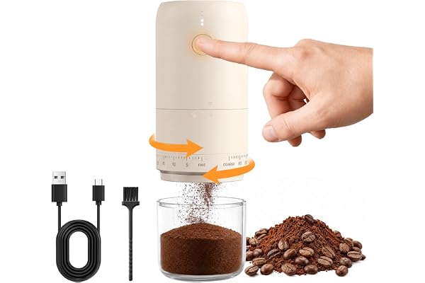 MERTTURM Bärbar Elektrisk Kaffekvarn med Keramiskt Koniskt Malhjul, Vit | 2X Snare Malning, Trådlös, 90 Malningslägen, 1800mAh, Batteriindikator, Lätt Att Rengöra, Automatisk, Resor & Utomhus
