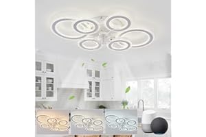 LJX Living Room Ceiling Fans with Lights Compatible with Alexa and Google Assistant 76cm Fans with Lamps Silent Dimmable Memory Function Reversible Timer 6 Ring Fan Light for Bedroom, White