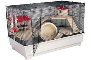 PETGARD Mäuse- und Hamsterkäfig, Nagerhaus mit 3 Holzetagen, Komplettset mit Laufrad und weiterem Zubehör, 75x43x49 cm, Borneo M Deluxe