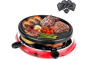 TONZE Appareil à Raclette 4 Personnes - avec Plancha, Cuisson Rapide, 4 Poêlons Antiadhésifs et 2 Spatule Incluse - Idéal Dîners Conviviaux (Design Moderne et Sécurité Thermique)