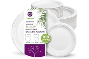 GoBeTree 100 platos desechables caña de azúcar redondos. 50 platos de 23 cm y 50 platos de 15 cm. Platos desechables extrafuertes, Para camping, picnic, fiestas, barbacoas