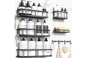 YASONIC Duschablage ohne Bohren 6 Stück Große Kapazität Badezimmer Organizer, Duschregal ohne Bohren mit Seifenhalter und 12 Haken, Rostfrei Shampoo Halterung für Dusche, Duschhalterung Schwarz