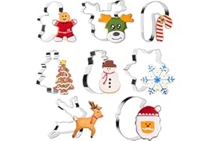 RFWIN Christmas Cookie Cutter, Set 8 Christmas Biscuit Cutter - Santa, Snowflake, Christmas Tree, Reindeer, Gingerbread Man, Snowman, Candy Cane, Stainless Steel Xmas Cutter for Kids Baking