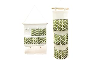 BOBISHE 2pcs Borsa Portaoggetti da Appendere Alla Parete Impermeabile Borsa Portaoggetti da Parete Organizer con 3 Tasche e 7 Tasche Organizzatore da Appendere di Cotone Lino per Camera,Cucina,Bagno,Verde