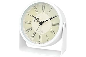Maxspace Analog Alarm Clock - 4.5" Silent Non Ticking Small Clock with Light, Rotatable Stand Metal Desk Clock Battery Operated, Simple Design for Living Room Decor/Bedroom/Bedside/Shelf (White-Roma)