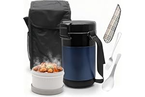 KATLKIU Termo para Comida Caliente 2.6L, con 4 Compartimentos Separados, Fiambrera Térmica para Comida Caliente, Con Cubiertos y Bolsa Térmica, Ideal para Trabajo, Estudiantes y Trabajadores(Azul)