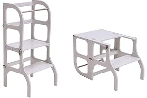 ETTE TETE Klappbarer Lernturm mit Sitzfunktion, 45 cm Stehhöhe, Step’n’Sit, Lernturm mit Sitz und Tisch umklappbar, Birkenholz, UV-Lackiert, Grau mit Silber Beschlägen
