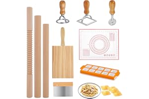 MAKDLY Pasta Maker Set 10 Piece, Wooden Pasta Making Tools with Rolling Pin & Gnocchi Board, Ravioli Stamp and Dumpling Ravioli Mould Kit for Italian Pasta, Ravioli, Kitchen Tools Pasta Making Accessories