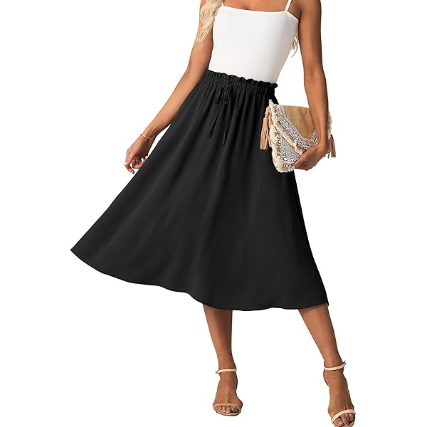 PrinStory Midi-rok voor dames, zomer, elastische taille, verstelbaar trekkoord, rok met zakken, donkergrijs, XXL