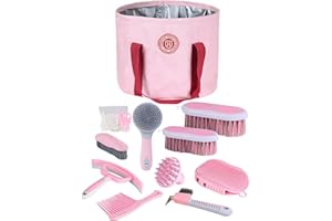 Harrison Howard Equine Care Series Kit de toilettage pour chevaux 9 pièces avec sac fourre-tout Rose
