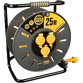 Masterplug Pro-XT 25 m Cable Reel Extension Plug IP55, Electrical Extension 3 Schuko Sockets, Professional Extension Plug 3 x