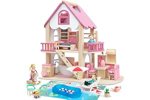 Atoylink Casa Delle Bambole in Legno con Set Completo di Mobili e 2 Bambole, Casa Bambole a 2 Piani con Camera da Letto, Bagno, Sala da Pranzo, Piscina, Giocattoli di Legno per Bambini 3 4 5 6 Anni