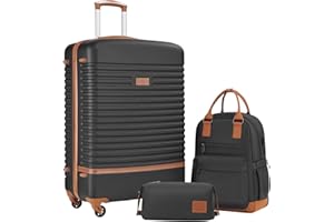 COOLIFE Suitcase Trolley Carry On Hand Cabin Luggage Hard Shell Travel Bag Lightweight with TSA Lock,The Suitcase Included 1pcs Travel Backpack and 1pcs Toiletry Bag (Black/Brown, 28 Inch Luggage Set)