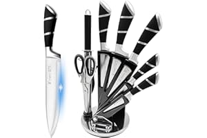 Justup Set di coltelli da cucina, 9 pezzi Nero Sharp antiaderente rivestito coltelli da cucina Block Set, set di coltelli in acciaio inossidabile per cucina con affilatore e blocco (Nero)