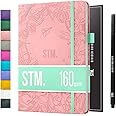 A5 Bullet Dotted Journal Notebook by STM | Thick Bleedproof 160gsm Paper, 150 Pages | Lay Flat Vegan Leather Hardcover | 2 Bookmarks, Printed Page numbers | Black Pen | 5.75 x 8.5 in | Pastel Pink