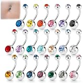 Amaza Navel Piercing with Two Zircons, 20 Colors Stainless Steel Navel Rings, Pircing Navel Jewelry with Storage Bag, 14G Gau