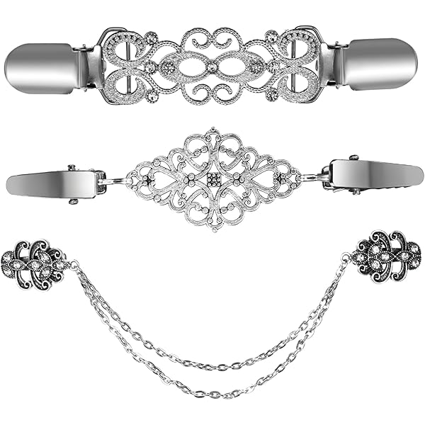 3 Pcs Siliver Woman Cardigan Clip Vintage Sweater Clips With Flowers Rhinestone ,Scarf Collar Metal Clip Sweater Chain Creative Silver Cardigan Clip
