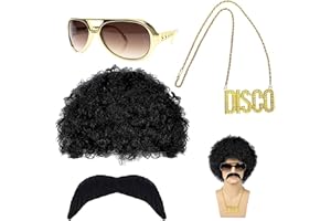 Cimown Przebranie męskie z lat 80, peruka z lat 80, dyskoteka, zestaw kostiumów hipisów, peruka do dyskoteki, pasuje na imprezę z lat 80. XX wieku, na Halloween, różne imprezy tematyczne, 1, 1