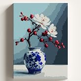 Sayılarla Boyama Tuval Hobi Seti KİRAZ VAZO Temalı Fır&ccedil;a ve Boya Dahil Set (&Ccedil;ıtalı) 40x50 CM Kendin Yap Sayılarla Tuval Boya 