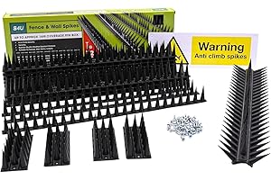 S4U Fence Wall Spikes Garden Tall Bird Spikes Cat Pigeon Deterrent Coverage of Approx.16M Per Box Anti Climb 44 x 4.3 x 3.8cm Warning Sign Included & Screws (Black 24pcs)