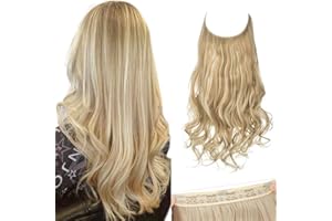 SARLA Invisible Wire Hair Extensions with 3 Clips Short 14 Inch Synthetic Wavy Curly Hairpiece for Women Adjustable Transparent Headband Dirty Blonde