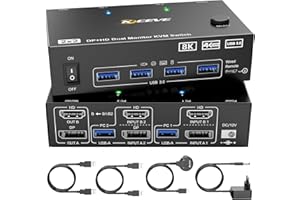 ESKEVE Przełącznik 8K KVM 2 PC 2 monitory 8K 60 Hz 4K 144 Hz Displayport + HDMI Dual Monitory KVM Switch do 2 monitorów PC Share 2 i 4 urządzeń USB 3.0, pilot zdalnego sterowania, zasilacz 12 V i kabel USB w