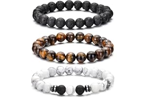 RANKEEF Tiger Eye Bracelet For Men 8MM Natural Stone Beads Bracelet Set Stretch Lava Rock Bracelets Adjustable Black Crystal Beaded Bracelet for Men Women Gifts