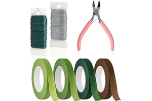 Rybtd Lot de 7 fils d'arrangement floral - 0,7 mm - Avec ruban floral et coupe-fil - Fil de fleuriste vert - Ruban de fleuriste pour bouquet de fleurs, décoration de mariage, travaux manuels