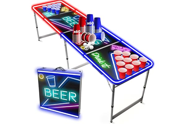Beer Pong® - Table Lumineuse avec Néons Rouges et Bleus + 120 Cups + 6 Balles - Table Pliable et Transportable avec Revêtement Etanche Anti-Rayures - Jeu de Biere Pong