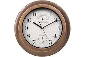 XQZMD Reloj de pared impermeable para exteriores, reloj de pared retro de 11.2 pulgadas con temperatura e higrómetro, sin ruido de tictac, reloj de pared de estilo industrial retro para jardín,