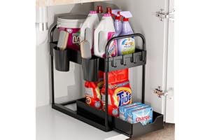 KKNE Organizador Cocina de 2 niveles, Organizador Fregadero,regulable en altura, extraíble, con 4 ganchos y 2 cestas colgantes, adecuado para cajones, cocina, baño, armarios y debajo del fregadero