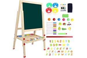 ‎DRIPEX Dripex Kinder Tafel Holz Kindertafel Malerei Holztafel Doppelseitige Kreidetafel und Whiteboard Höhenverstellbar Standtafel mit 24Stk Zubehör (ab 3 Jahre)