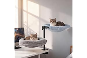 Odoland Doppel Katzenbett für Schreibtisch, 360° drehbare, Verstellbare Katzen Schreibtisch Bett für Home-Office, Katzen Liegeplatz Schreibtisch mit 2 Abnehmbar Bezügen für alle Jahreszeiten