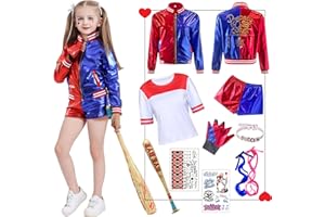 FORFAMY Disfraz de Quinn para Niñas Cosplay Suicide Escuadrón Set - chaqueta, camiseta, pantalones cortos, guantes, bate inflable, para Halloween, Fiesta, Carnaval