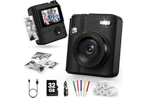 Gofunly Appareil Photo Instantané Enfants, 1080P Appareil Photo Numérique Enfant & Caméra Vidéo avec Carte de 32GB & 5 Rouleaux de Papier d'impression, Cadeaux pour Garçons & Filles de 3-12 Ans(Noir)