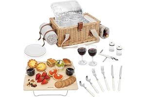 BIRDSINYARD Picknickkorb-Set mit Mini-Klapptisch und Besteck-Set, Picknickkorb für 2 Personen mit kühltaschen, Flechtkorb mit Henkel, Weidenkorb Geschenkset für Picknick Camping Outdoor Party (Weiße Blume)