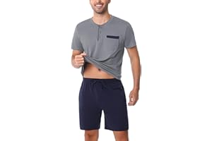 Aseniza Pyjama Homme Coton Ete Ensembles de Pyjama Court à Manches Courtes Short Été Tenues de Nuit Vêtements de Nuit Eté Vêtement d'Intérieur Vêtements de Détente Doux Loungewear