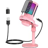 NJSJ Gaming Microphone PC USB Microphone for PC / PS4 / PS5 / Mac / Phone Condenser Microphone USBC with Touch Mute Switch Brilliant RGB Lighting Headphone Jack for Streaming Pink