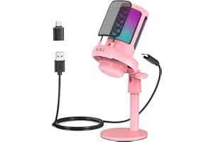 NJSJ Gaming Mikrofon PC, USB Microphone für PC/PS4/PS5/Mac/Telefon, Kondensatormikrofon USBC mit Touch-Stummschaltung, Brillante RGB-Beleuchtung, Kopfhöreranschluss für Streaming(Rosa)