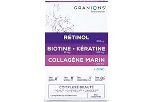 GRANIONS COLLAGENE MARIN | RETINOL + BIOTINE + KERATINE + ZINC - Collagene Complexe Beauté - Collagene pour Cheveux, Peau, Ongles- Collagene Marin Retinol + Vitamine B6, 60 comprimés -Marque Française