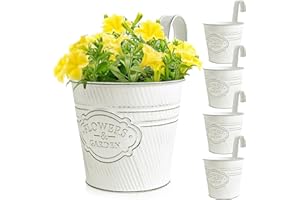 BOOMTOP 5pcs Pots de Fleur Suspendus en Métal Blanc Pots de Plantes à Suspendre avec Crochet Amovible Décoration Intérieur Extérieur pour Balcon Clôture Jardin Maison