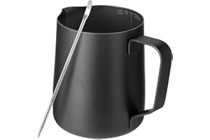 LIFHAP Milk Jug with Latte Decorating Art Pen,Black Teflon Coating 350ml/12oz 304 Stainless Steel Milk Frother Pitcher Cup,Metal Barista Accessories for Coffee Machine.
