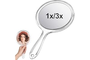 Devenirriche Handspiegel mit Griff Doppelseitiger Handspiegel, 1X/3X Vergrößerung Spiegel Transparenter Tragbar Reisespiegel Mehrzweck Spiegel Runde for Daily Makeup Women