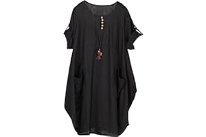 FTCayanz Femme T-Shirt Robe Manches Courtes Lin Coton Tunique Ample Casuel avec Grande Poches