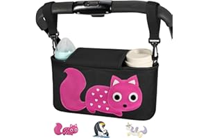 Bello it Borsa per Passeggino, Organizer da passeggino con Dispenser per Salviette,Leggera e Capiente con ganci e tracolla inclusi,Tema (Volpe Nero con chiusura centrale)