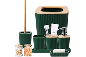 XLHOMO Bathroom Accessories Sets Complete, 9-Piece Dark Green Bathroom Accessories with Trash Can, Vanity Tray, Soap Dispenser, Soap Dish, Toothbrush Holder, Toothbrush Cup, Toilet Brush and Qtip Holders