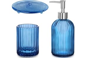 MEPURE Bathroom Accessories Set 3pcs, Blue Glass Bathroom Accessories with Soap Dispenser, Toothbrush Holder Cup, Soap Dish, Bathroom Vanity Countertop Accessory Set (Blue)