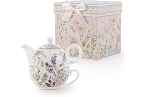 EHC Bell Flowers Design Porcelain Tea for One Tea-Pot with Handle, Microwave Safe, Oven Safe, Dishwasher Safe,Gift Boxed, Tea Pot 490/Cup 320ml