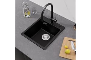 CECIPA Küchenspüle Schwarz Granit 40x45cm, Einbauspüle Set Klein Mit 2 Hahnlöcher, Eckiges Waschbecken, Moderne Granitspüle
